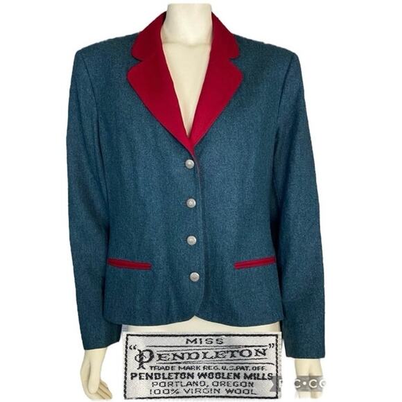 Vintage Miss Pendleton 100% Virgin Wool Blazer W/ Red collar & lining size 16 - Picture 1 of 13